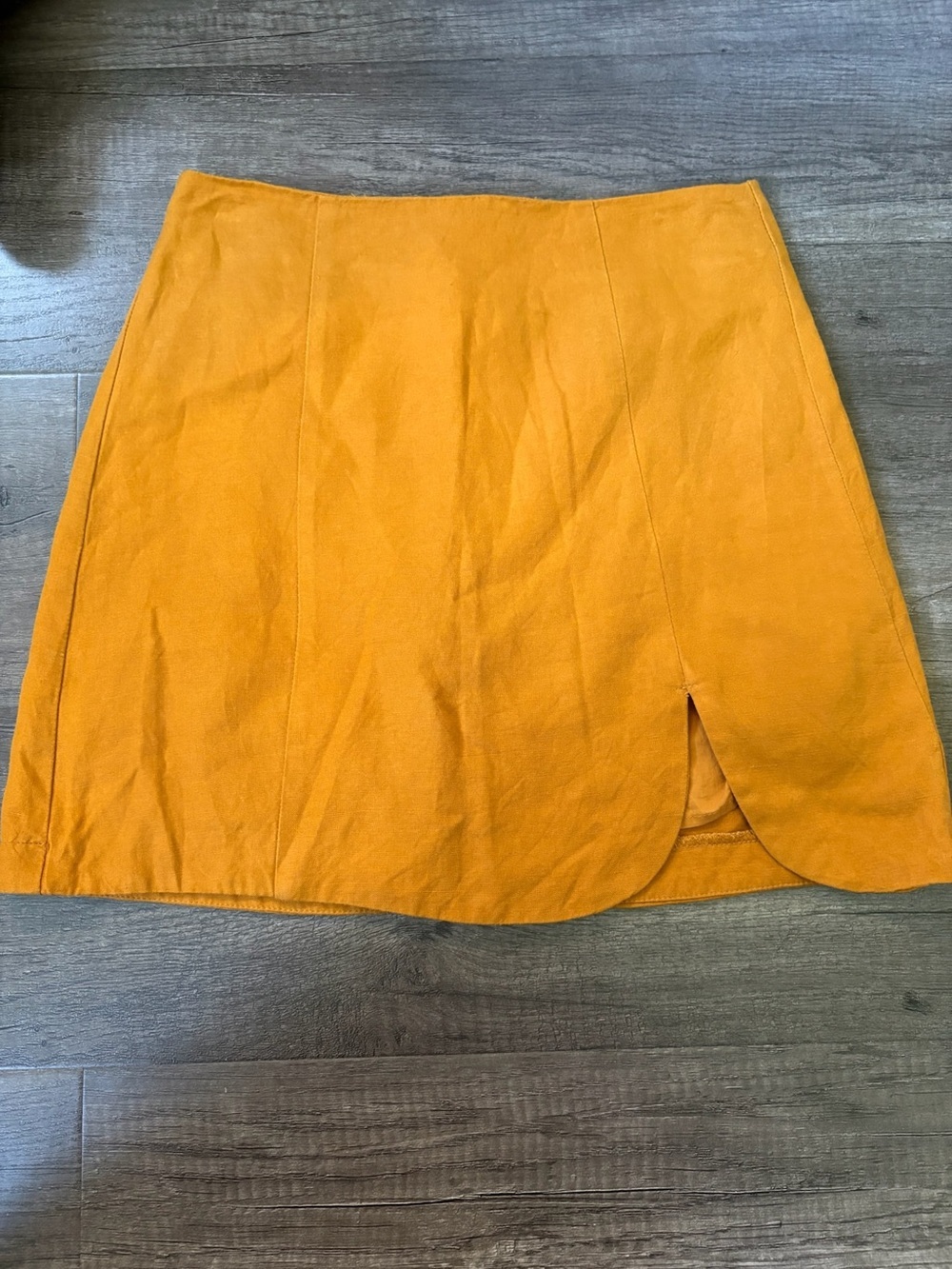 Dynamite Mustard Mini Linen Skirt with Curved Slit